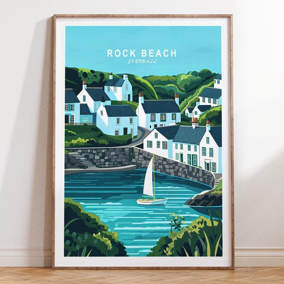 Rock Beach Cornwall Harbor Cottages and Sailboat Coastal Travel Poster
