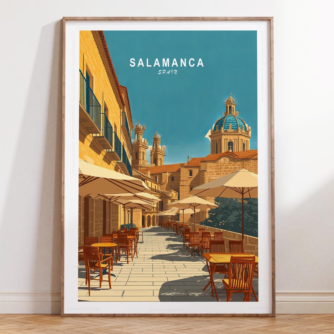 Salamanca Spain Golden Light Cafe Street By The Cathedral Poster