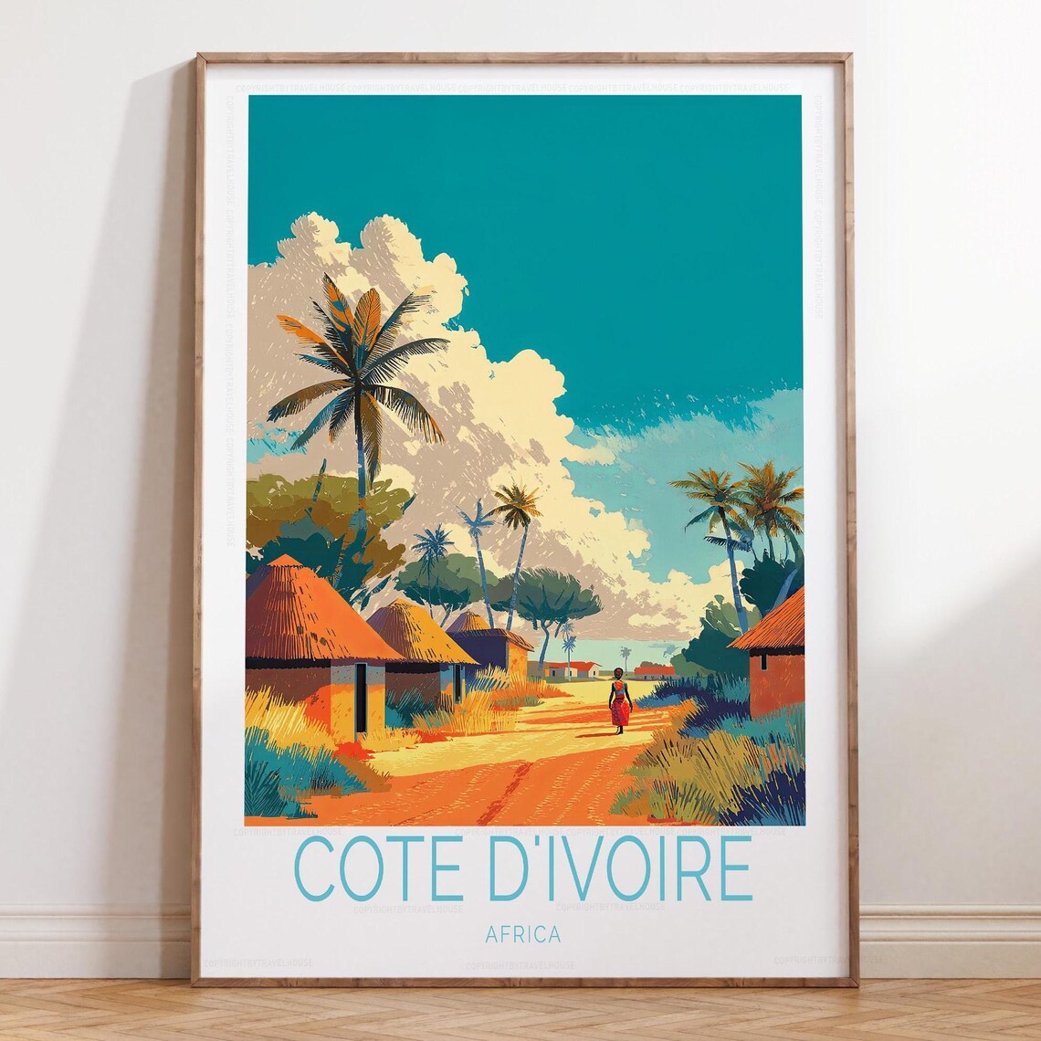 Cote D'Ivoire Africa Travel Poster Palm Village with Orange Huts