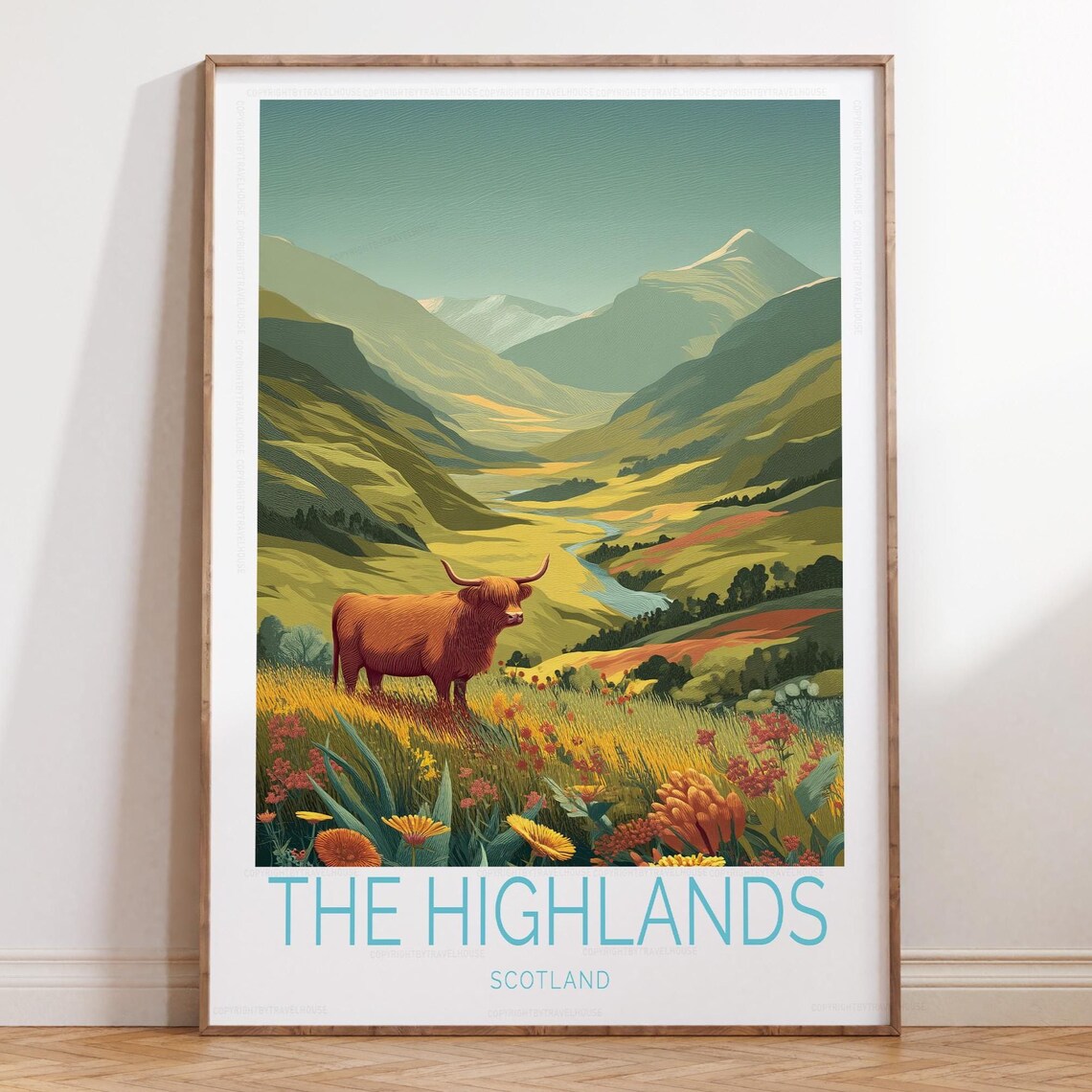The Highlands Scotland Green Glen Highland Cow Floral Travel Poster