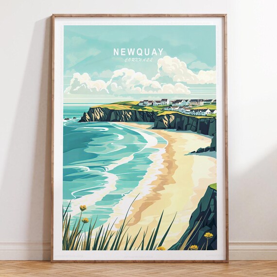 Newquay Cornwall Beach Cliffs Minimalist Vintage Travel Poster
