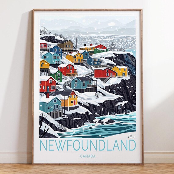 Newfoundland Canada Snowy Colorful Fishing Village Winter Poster