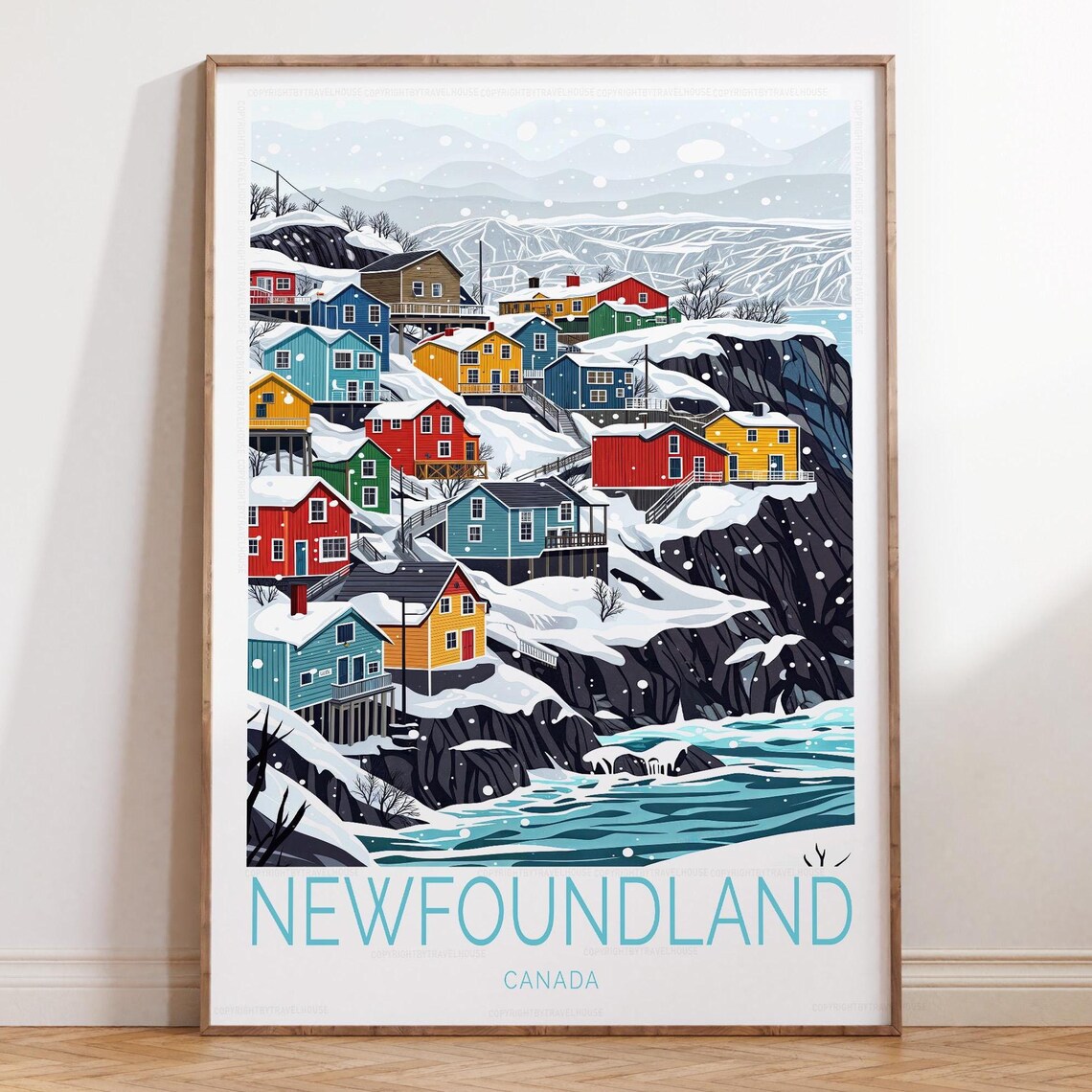 Newfoundland Canada Snowy Colorful Fishing Village Winter Poster