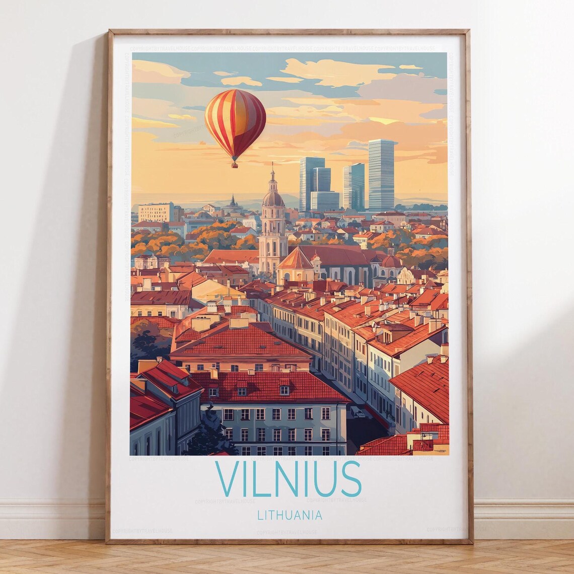 Vilnius Lithuania Hot Air Balloon Sunset Old Town Travel Poster