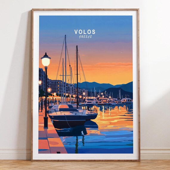 Volos Greece Harbor Sunset Sailboats Dusk Evening Travel Poster