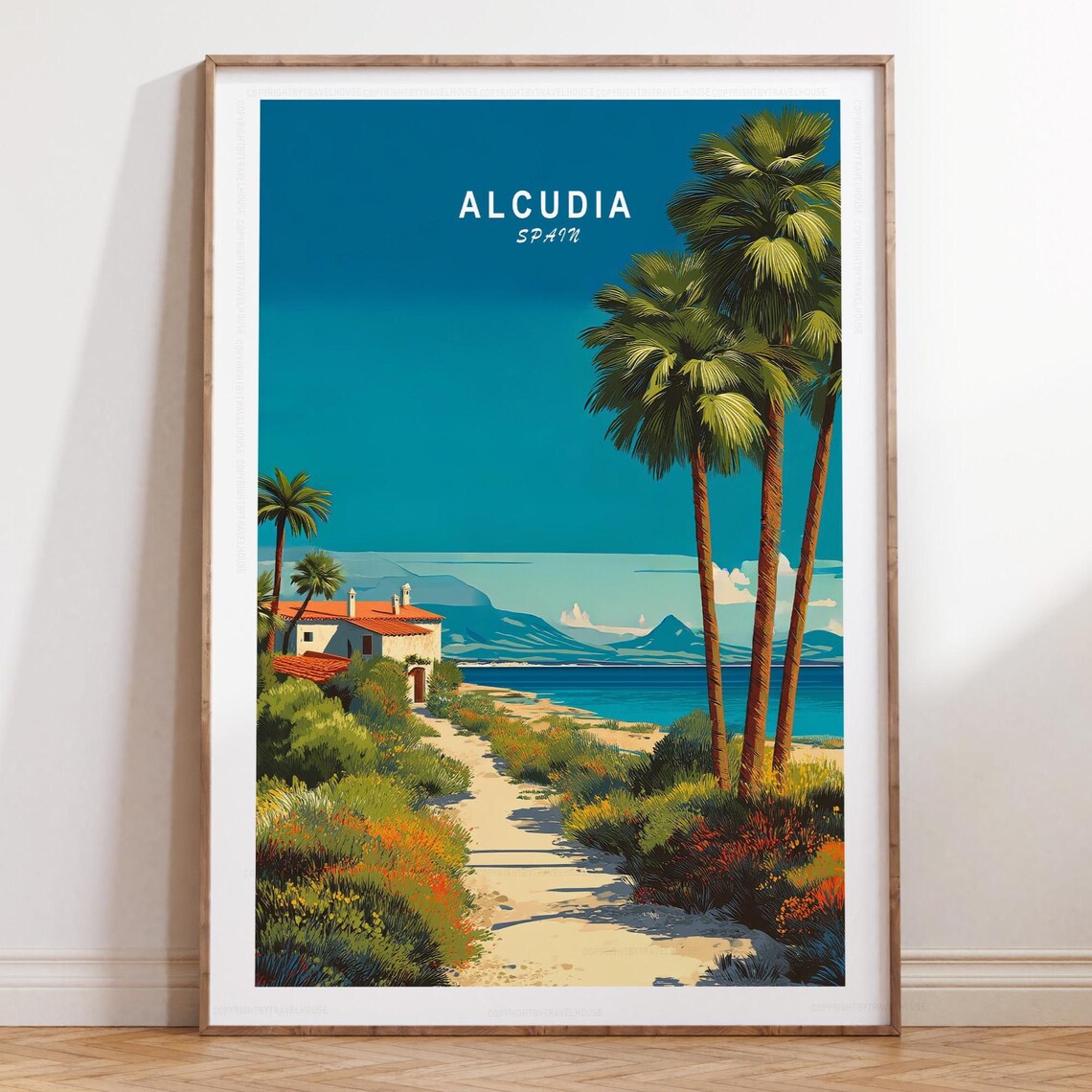 Alcudia Spain Coastal Path Palm Trees Villa Mediterranean Travel Poster