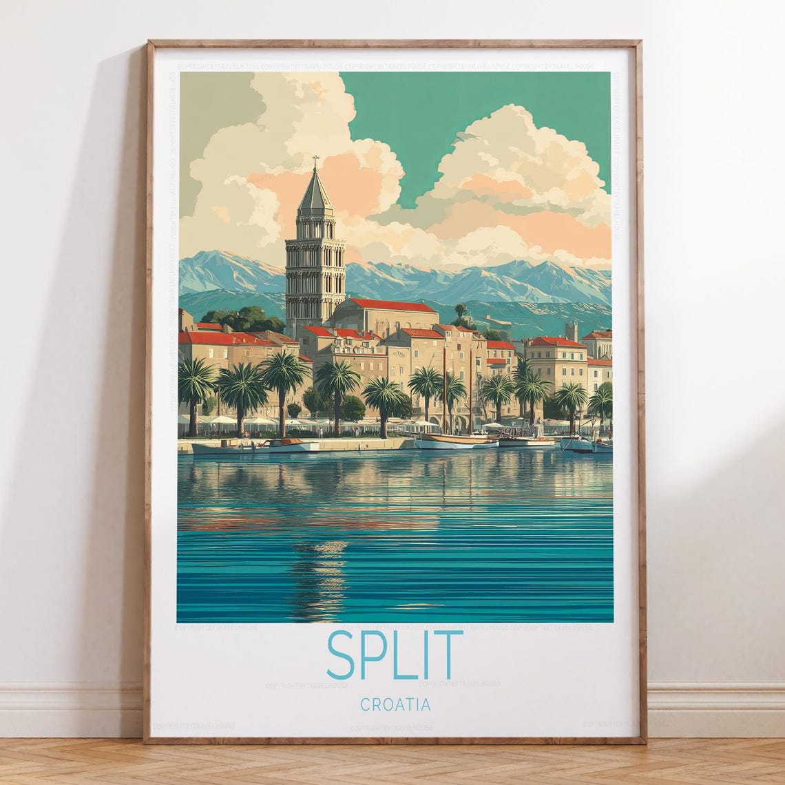 Split Croatia Waterfront Bell Tower Evening Reflection Travel Poster