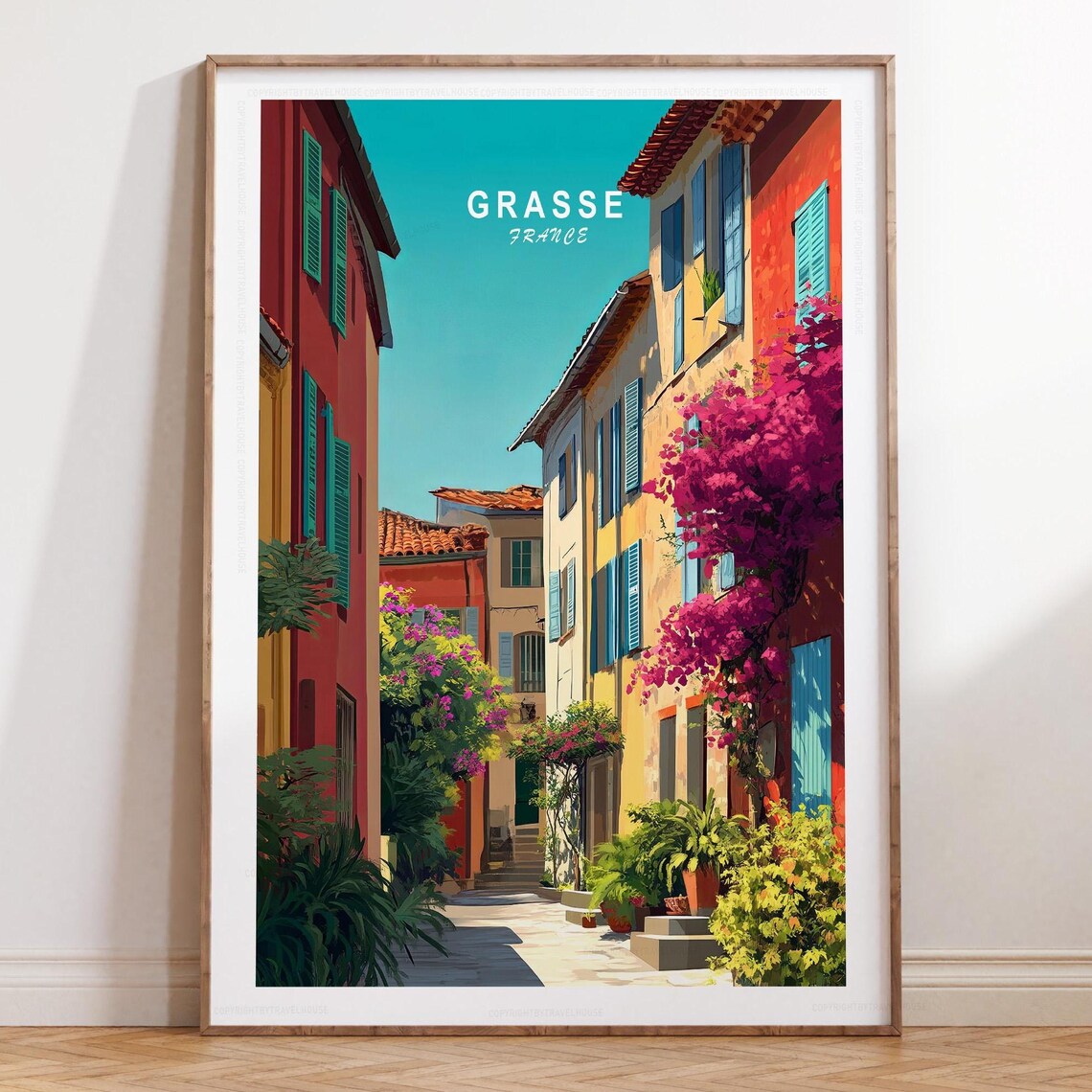 Grasse France Colorful Sunlit Old Town Blooming Alley Travel Poster