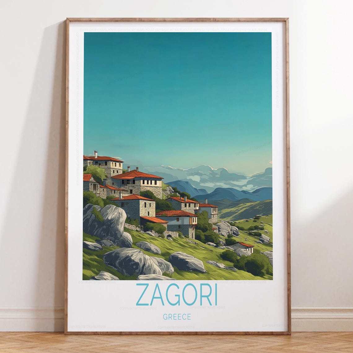 Zagori Greece Stone Village Red Roofs Mountain Travel Poster