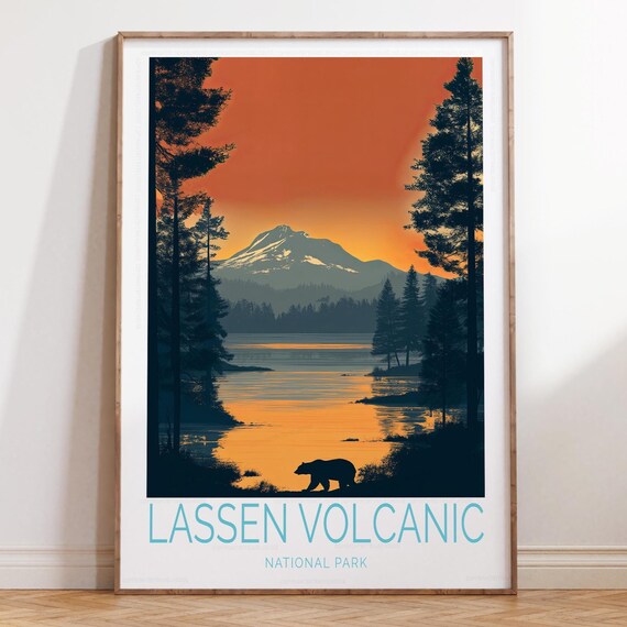 Lassen Volcanic National Park Travel Poster - Bear by Golden Lake Sunset