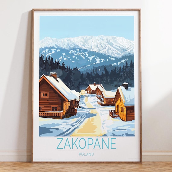 Zakopane Poland Snowy Village Winter Street Scene Vintage Travel Poster
