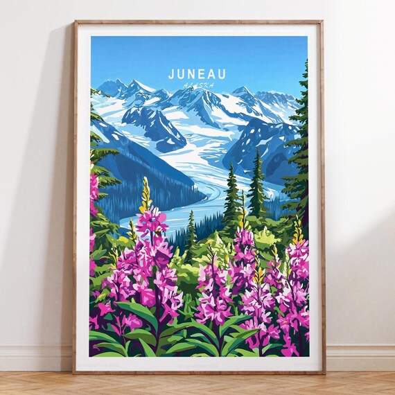 Juneau Alaska Glacier Peaks and Pink Wildflower Meadow Travel Poster