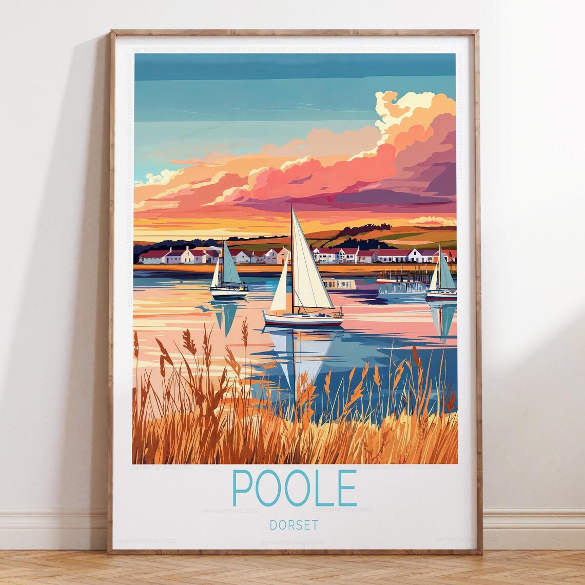 Poole Dorset Sunset Harbor Sailboats Marsh Reeds Coast Travel Poster