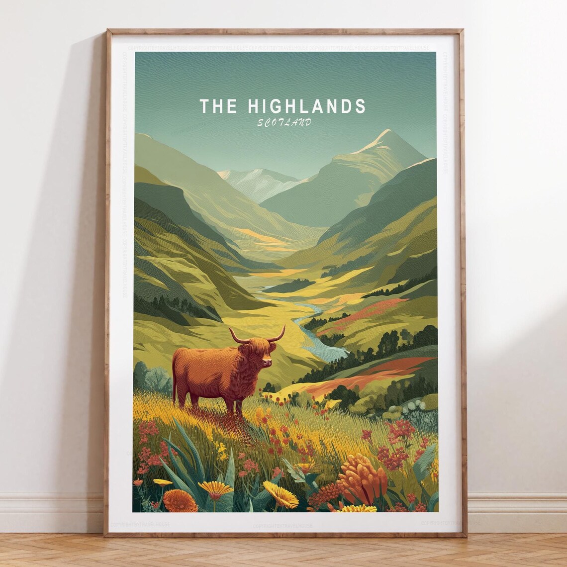 The Highlands Scotland Valley River Highland Cow Meadow Travel Poster