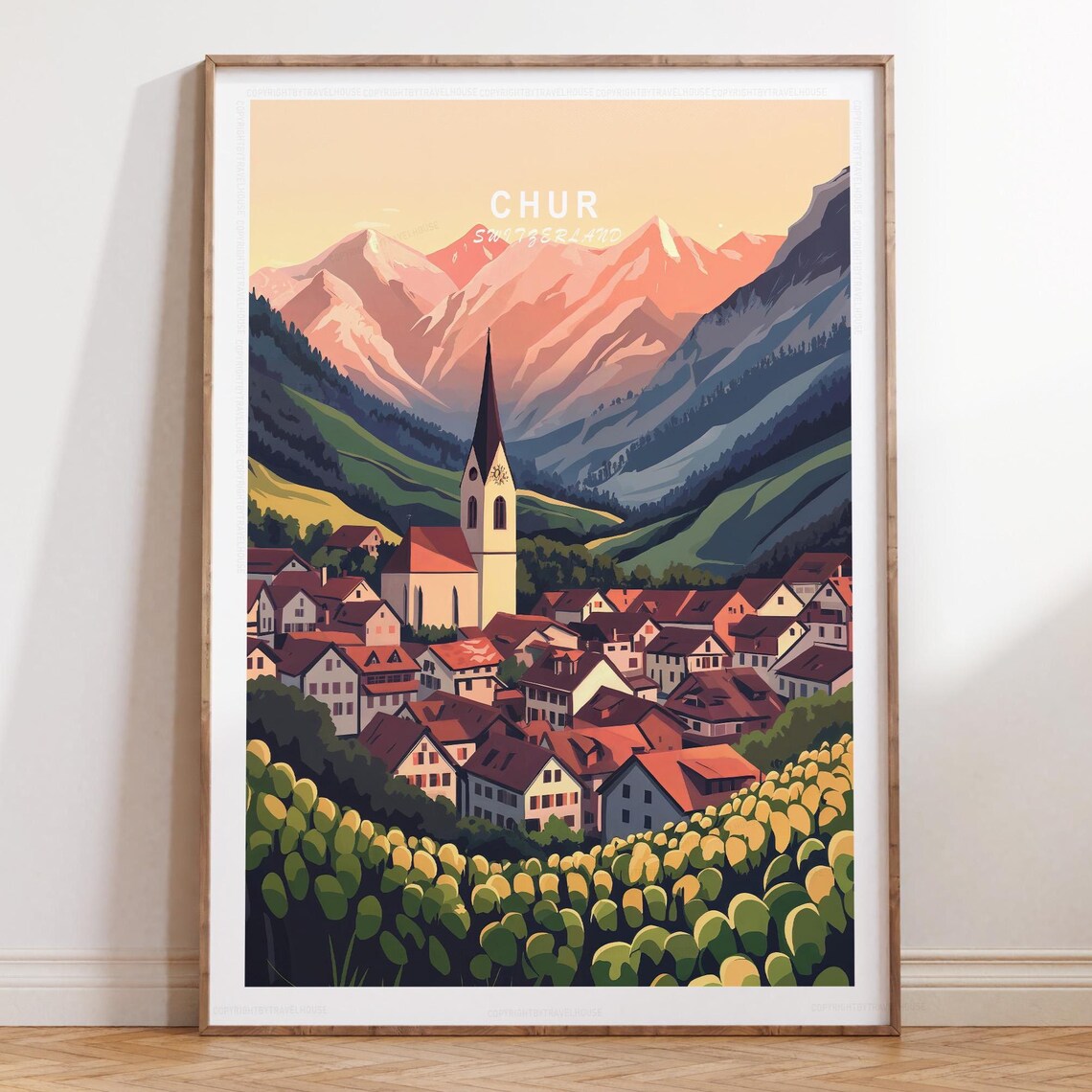 Chur Switzerland Travel Poster Alpine Village Church Mountain View Art