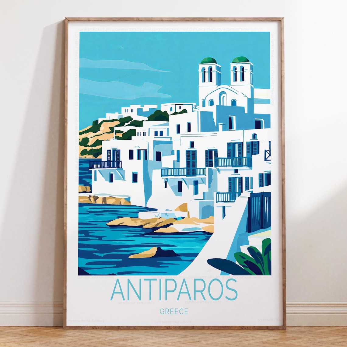 Antiparos Greece Twin Church Towers Over Harbor Vintage Travel Poster