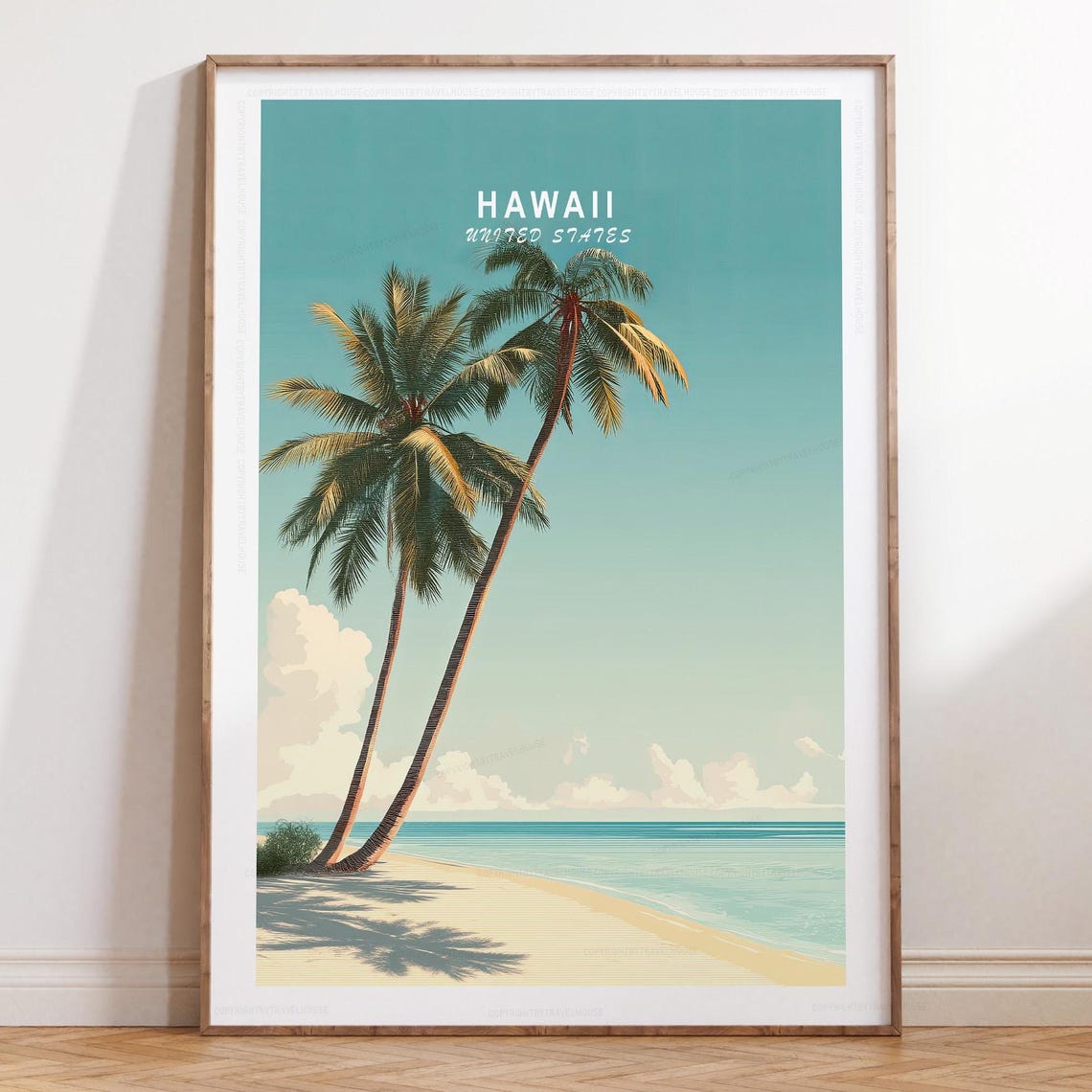 Hawaii United States Beach Poster with Twin Palm Trees Turquoise Surf