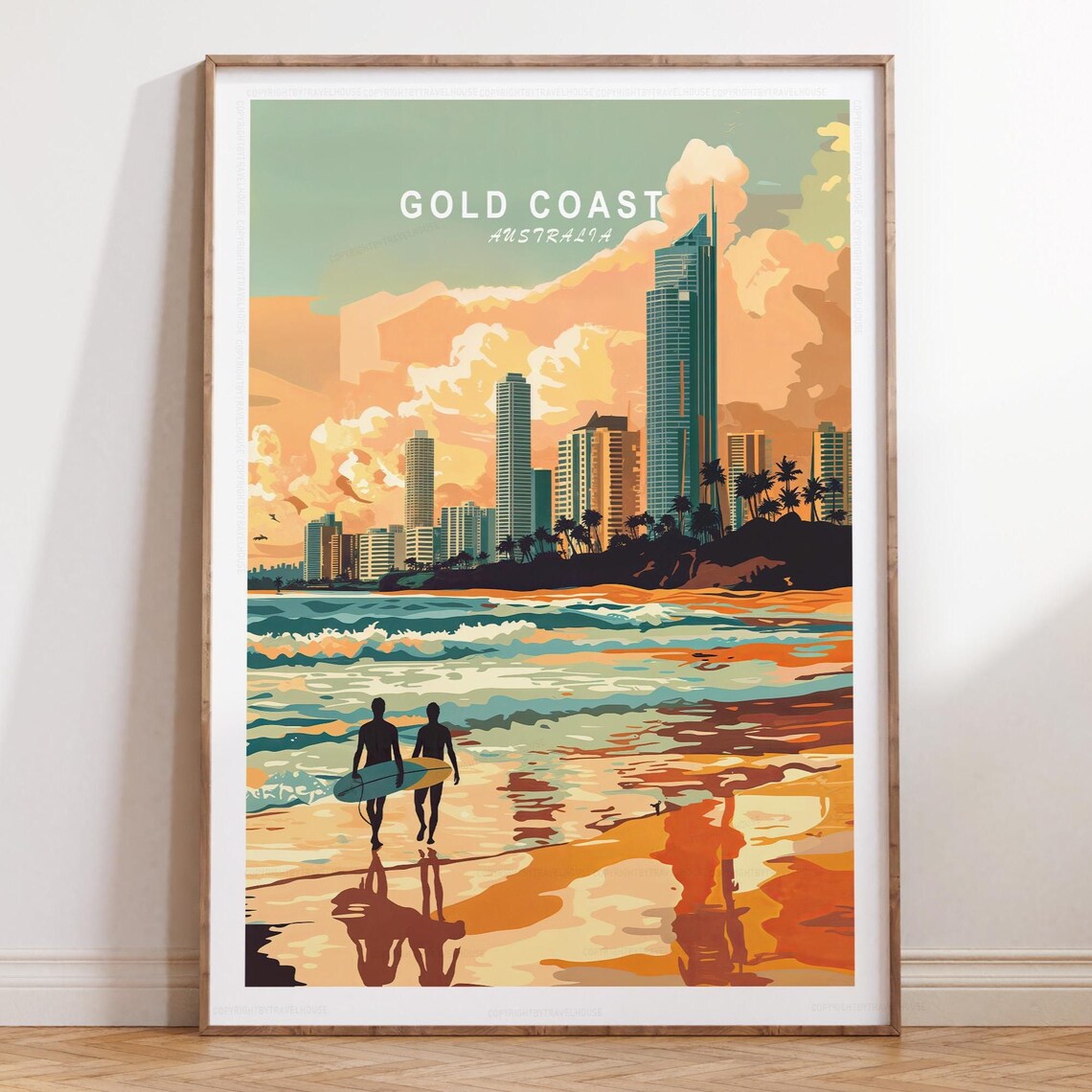 Gold Coast Australia Surfers Sunset Skyline Beach Travel Poster