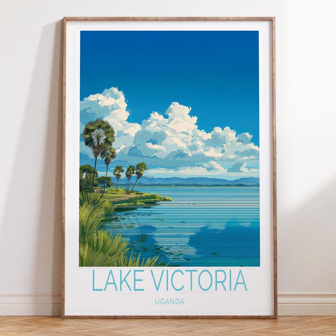 Lake Victoria Uganda Towering Clouds Palm Shore Travel Poster