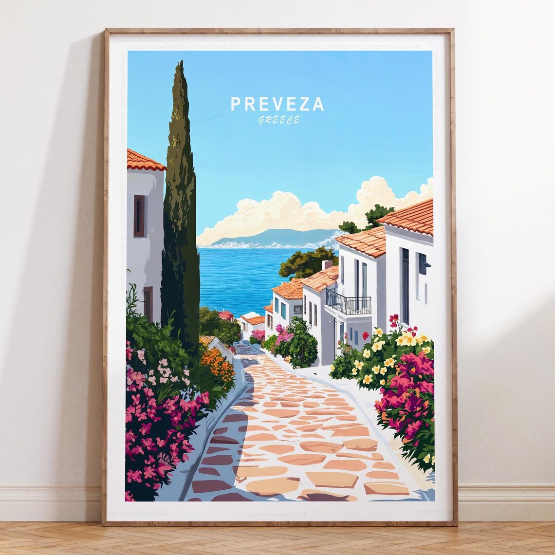 Preveza Greece Coastal Village Flower-Lined Street Travel Poster
