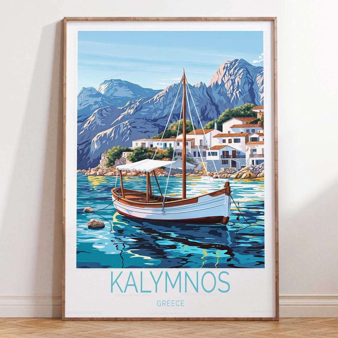 Kalymnos Greece Sailboat Harbor Mountain Coast Travel Poster