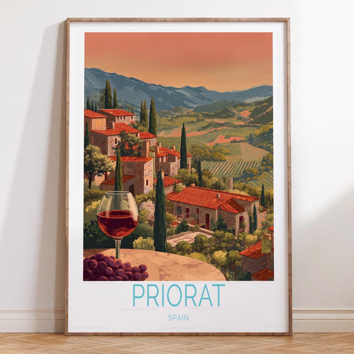 Priorat Spain Vineyard Village Sunset Wine Glass Travel Poster