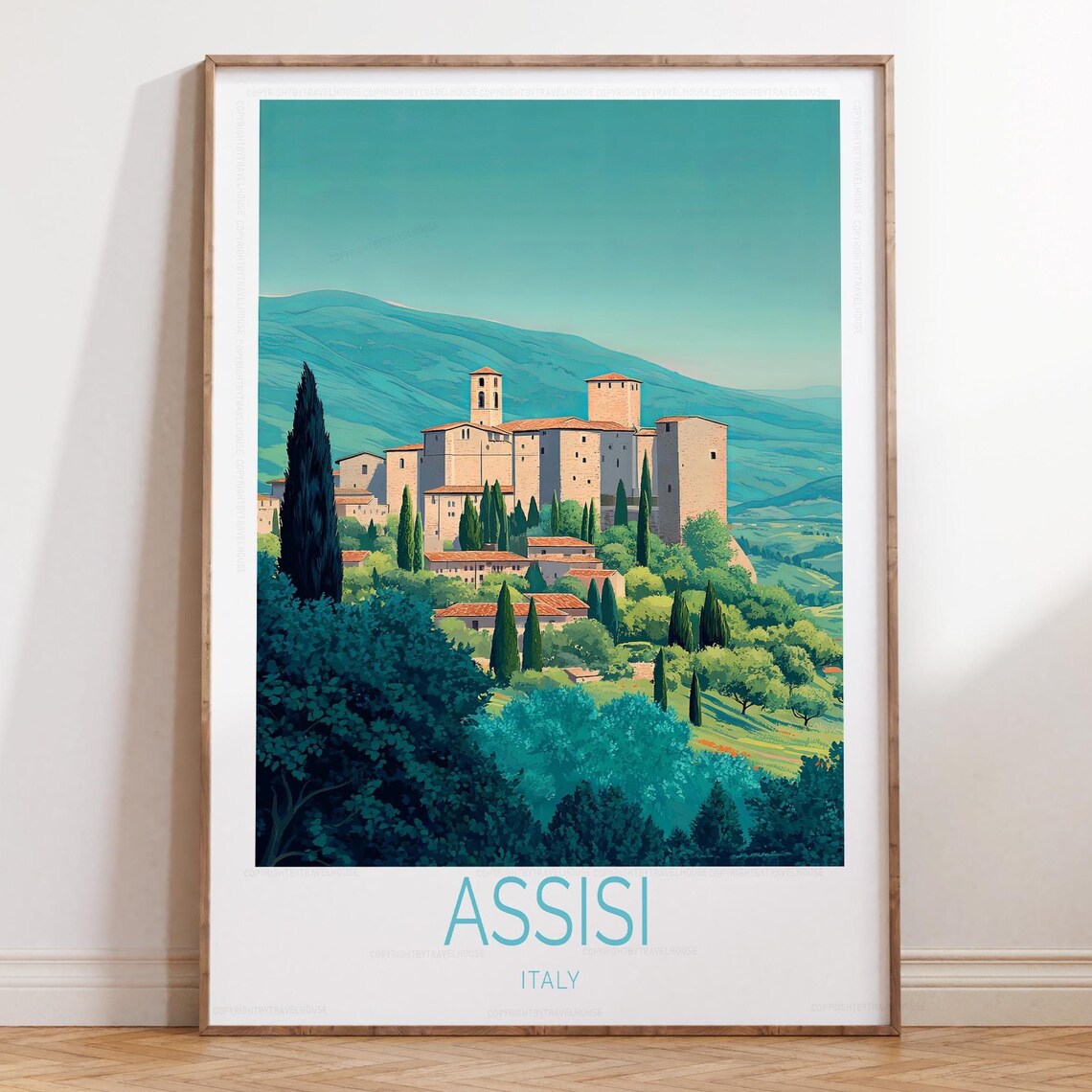 Assisi Italy Medieval Hill Town Cypress Trees Umbria Travel Poster