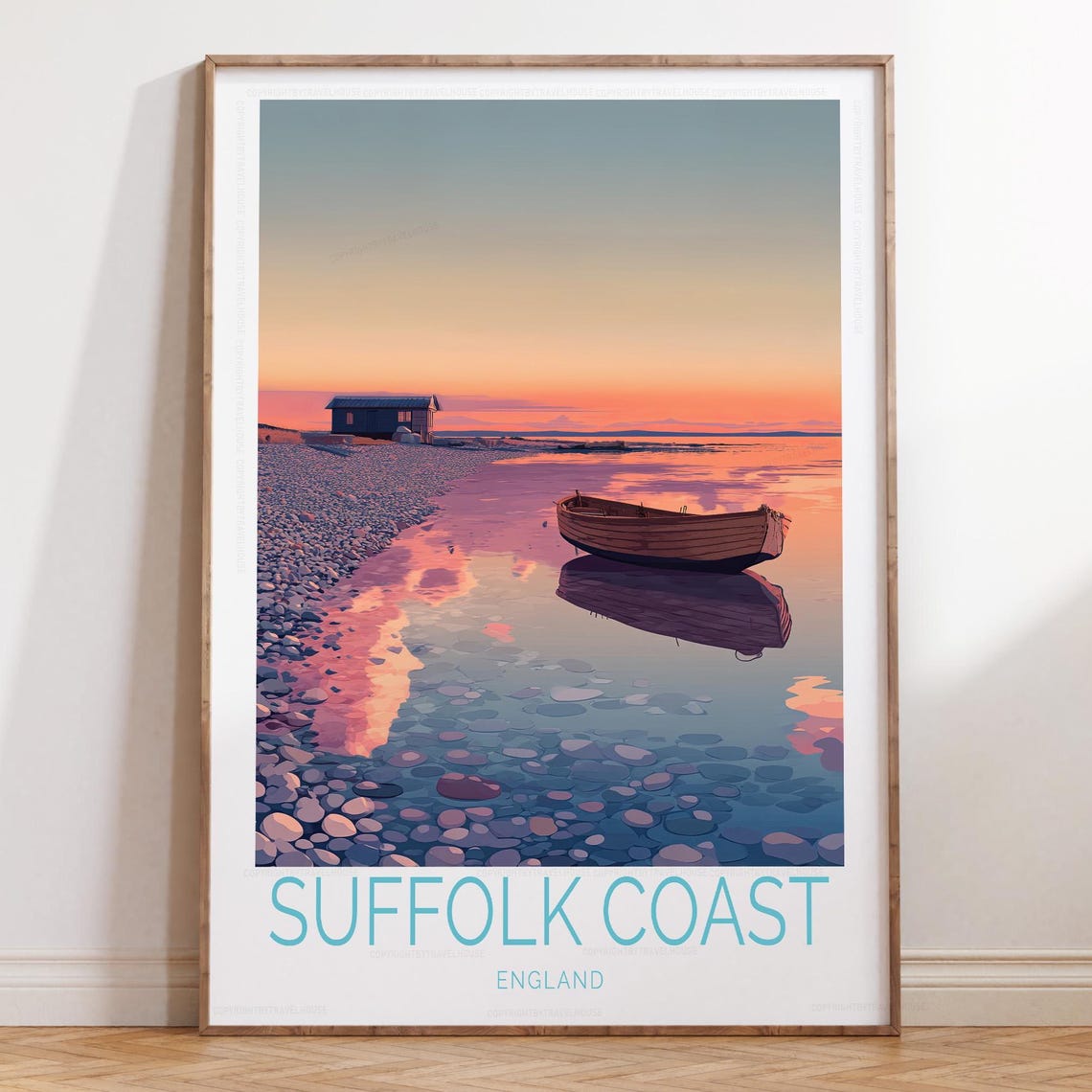 Suffolk Coast England Sunset Boat Shingle Beach Travel Poster