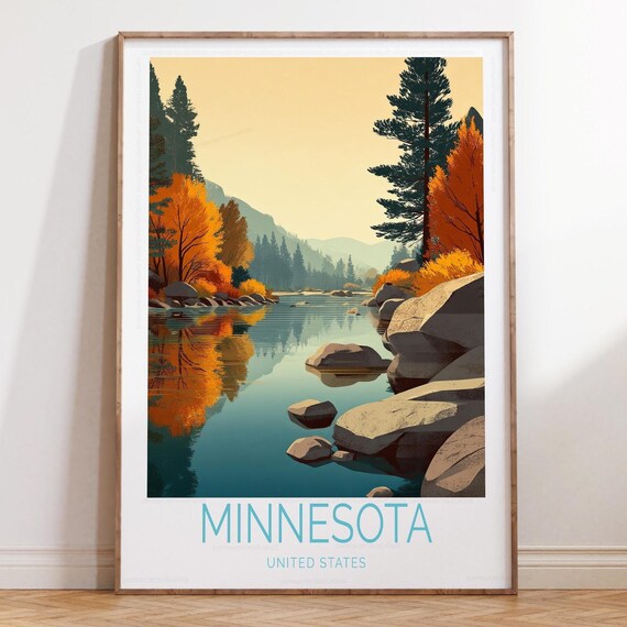 Minnesota Autumn Lake Rocks Golden Fall Foliage Travel Poster