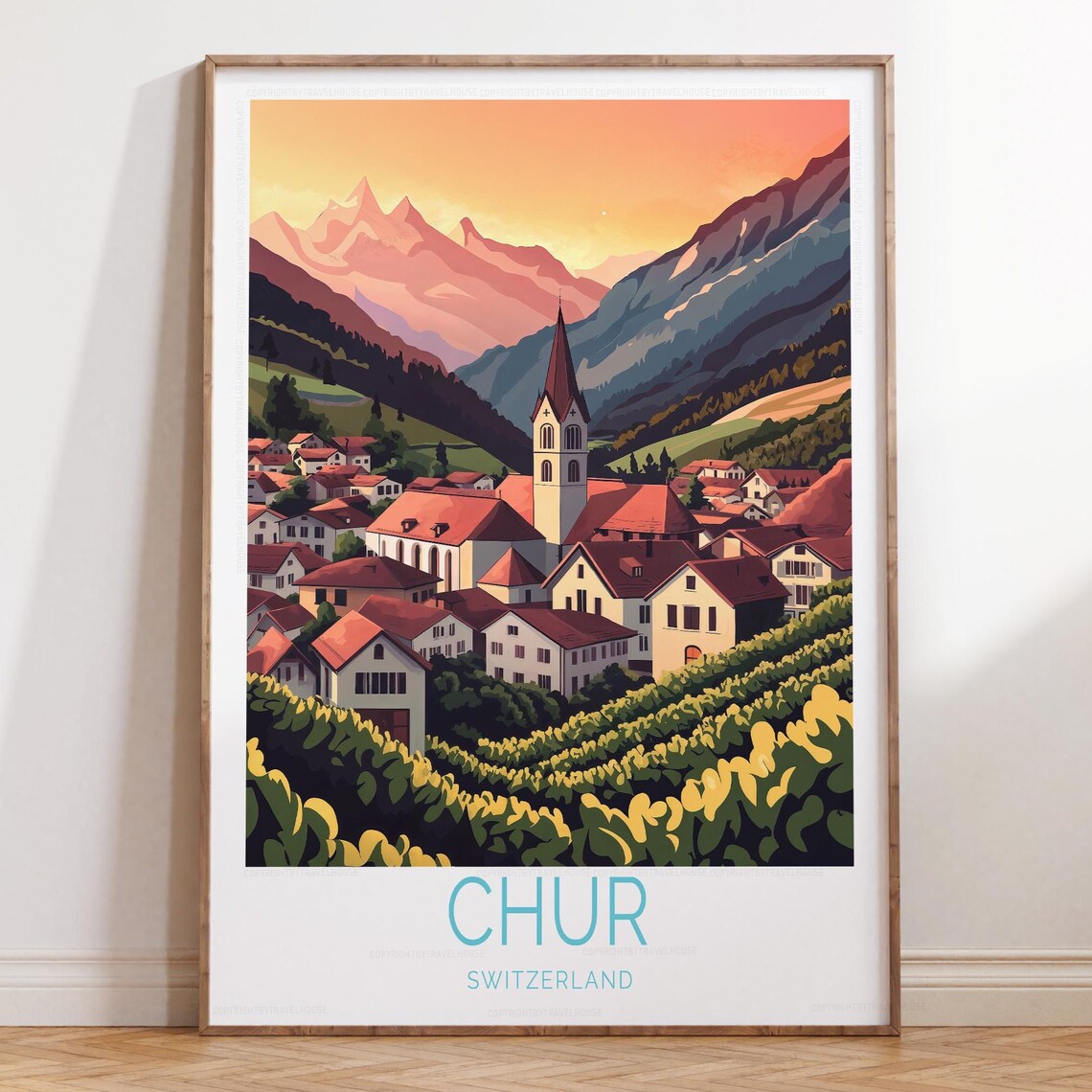 Chur Switzerland Sunset Alpine Village Church Golden Travel Poster