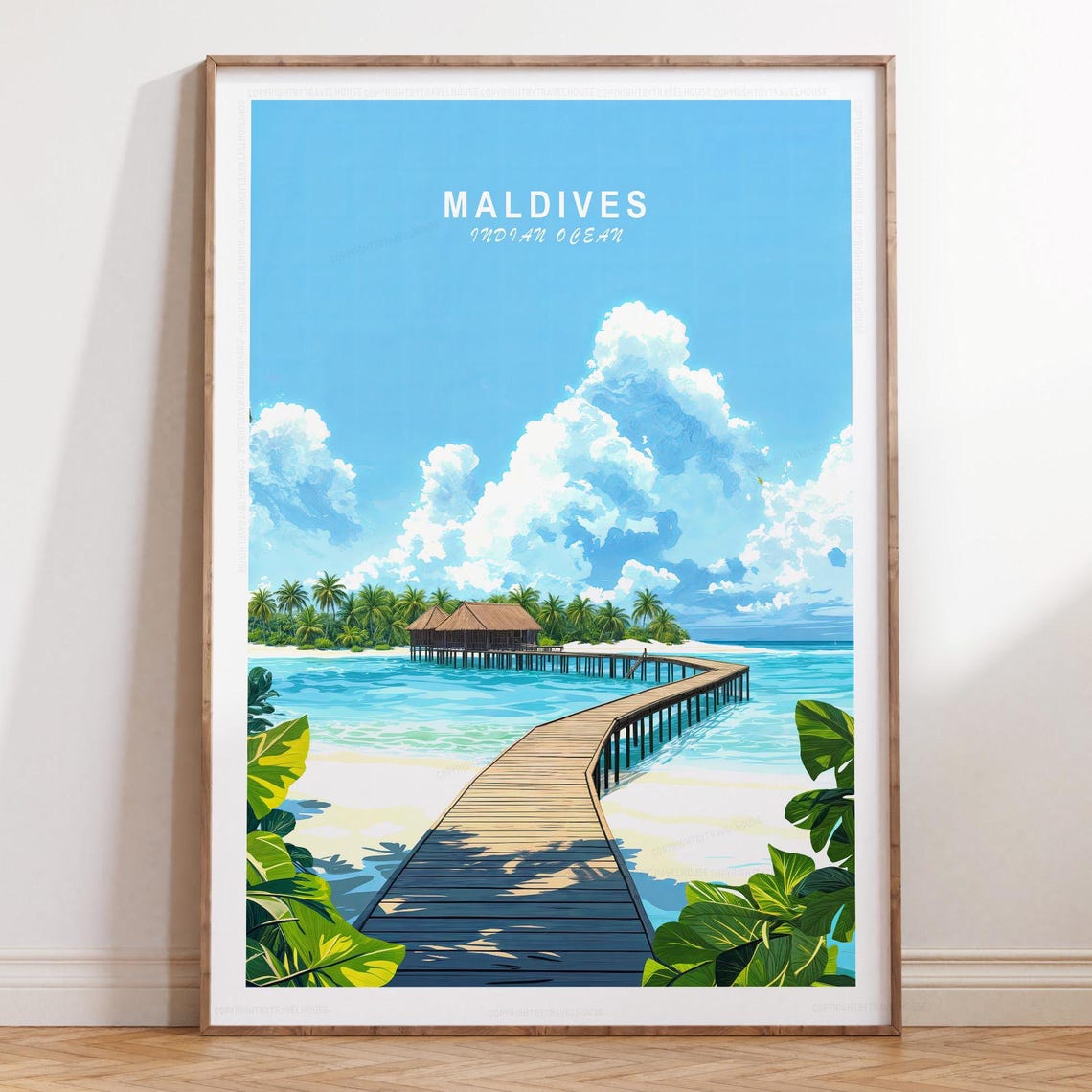Maldives Indian Ocean Bright Blue Sky Island Pier Cloud View Poster