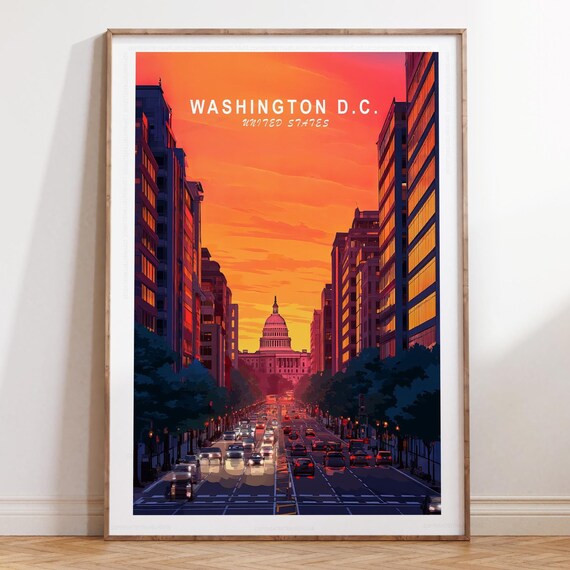 Washington DC Sunset Capitol Avenue Cityscape Travel Poster Illustration