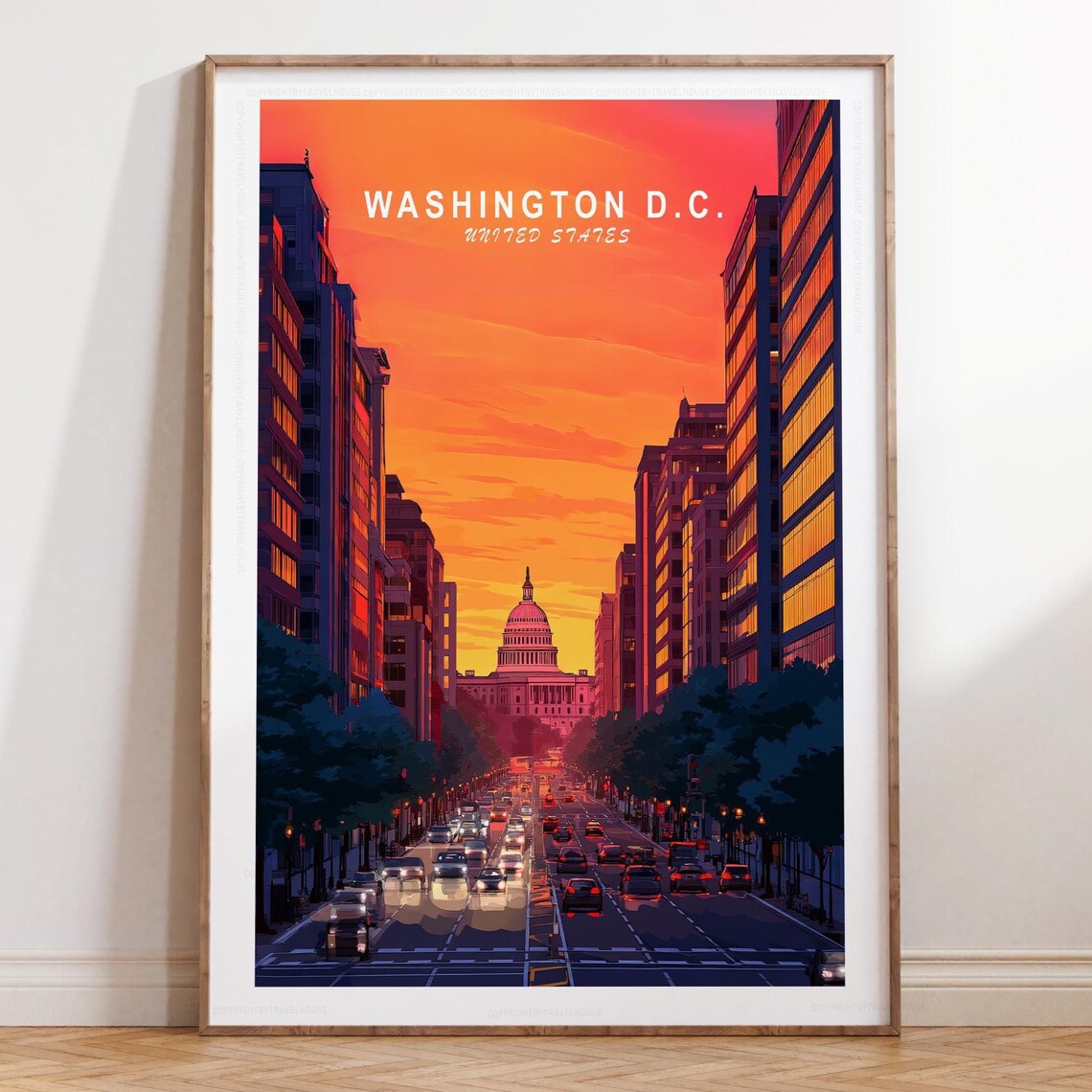 Washington DC Sunset Capitol Avenue Cityscape Travel Poster Illustration