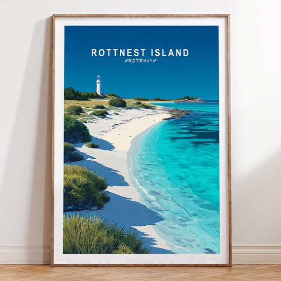 Rottnest Island Australia White Title Deep Blue Sky Beach Travel Poster