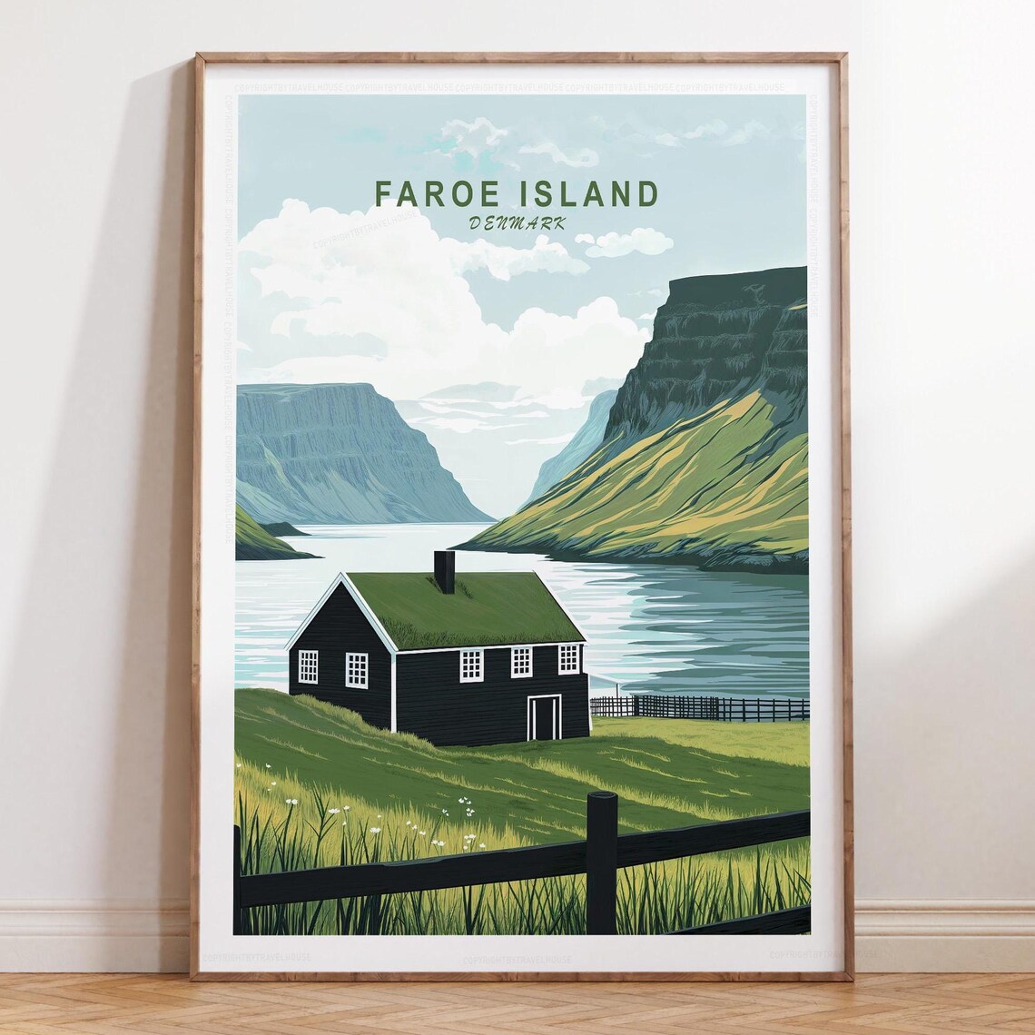 Faroe Island Denmark Fjordside Cabin Nordic Retro Travel Poster