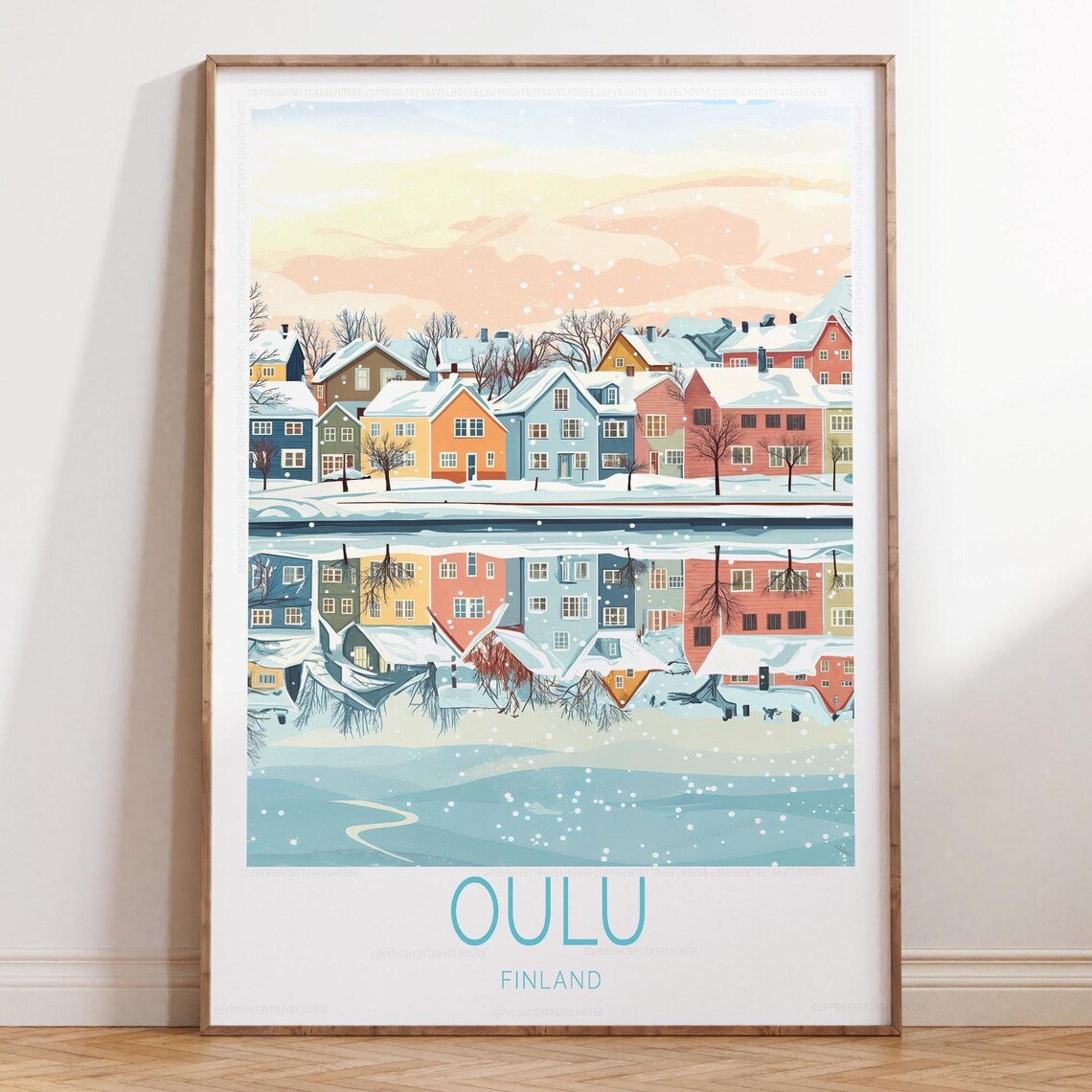 Oulu Finland Pastel Sunset Snowy Waterfront Houses Travel Poster