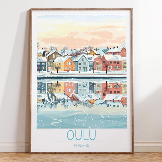 Oulu Finland Pastel Sunset Snowy Waterfront Houses Travel Poster