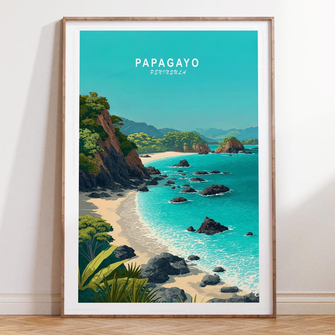 Papagayo Peninsula Tropical Cove Travel Poster Cliffs and Sea Rocks