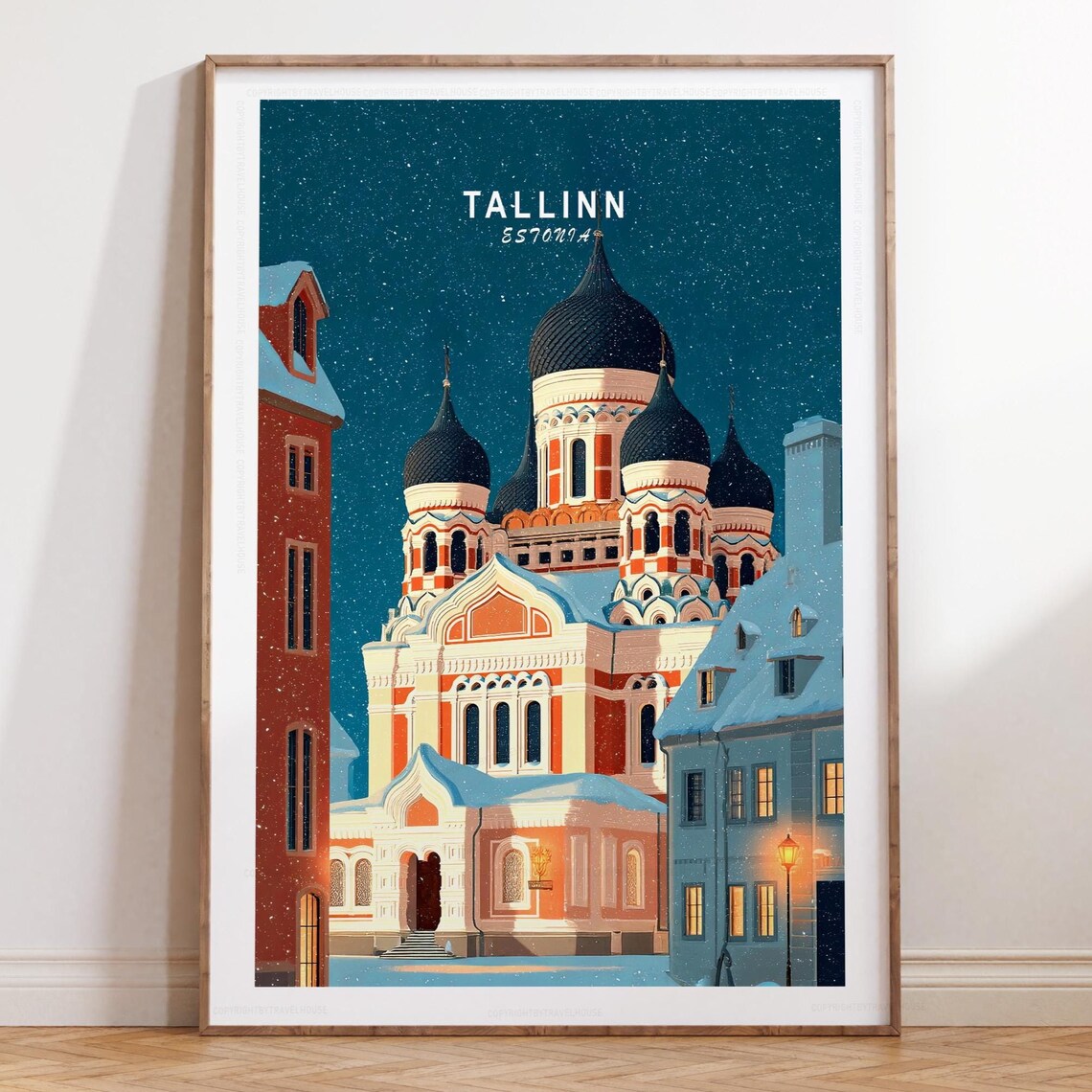 Tallinn Estonia Night Travel Poster - Onion Domes Cathedral Snow Scene
