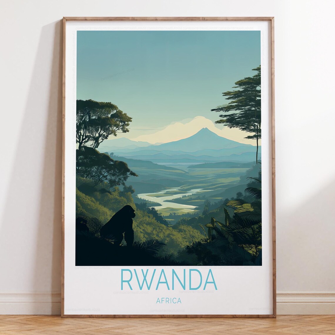 Rwanda Africa Gorilla Silhouette Over Volcano Valley Vintage Poster