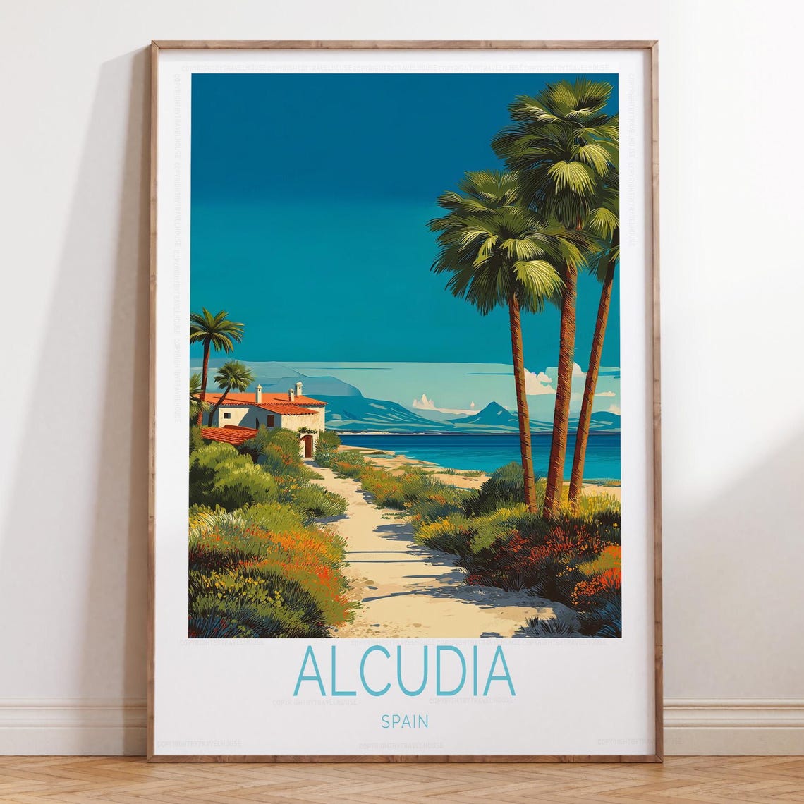 Alcudia Spain Beach Villas And Palm Trees Coastline Travel Poster