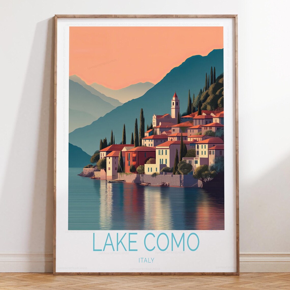 Lake Como Italy Village Water Reflection Scenic Travel Poster