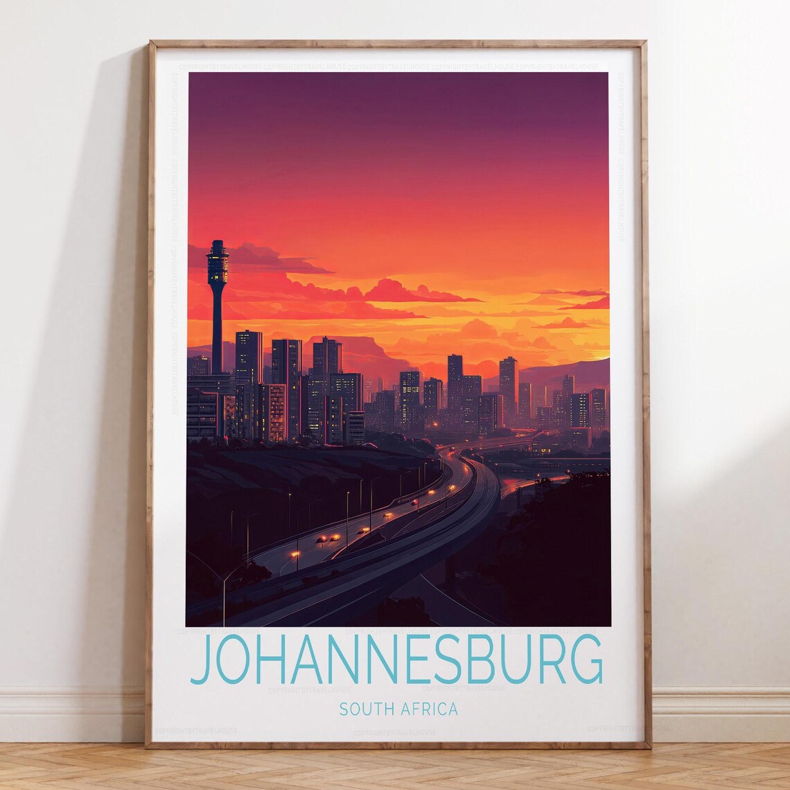 Johannesburg South Africa Sunset Skyline with Tower Travel Poster