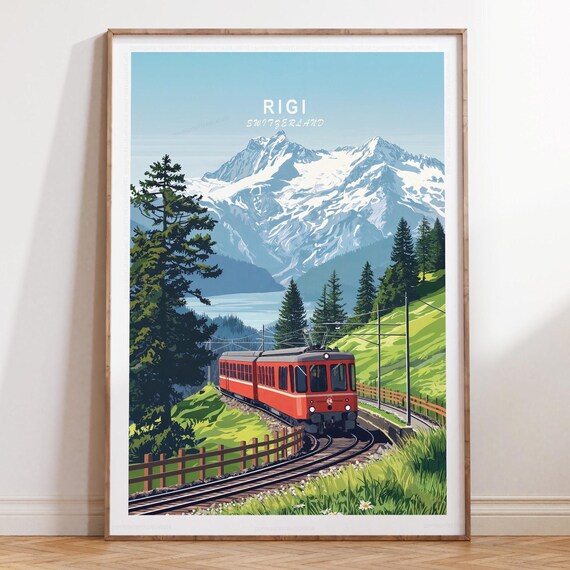 Rigi Switzerland Textless Travel Poster with Red Alpine Train