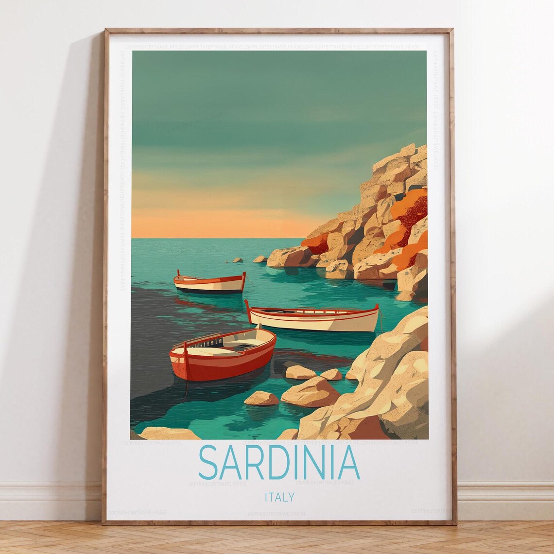 Sardinia Italy Red Boats Turquoise Cove Sunset Travel Poster