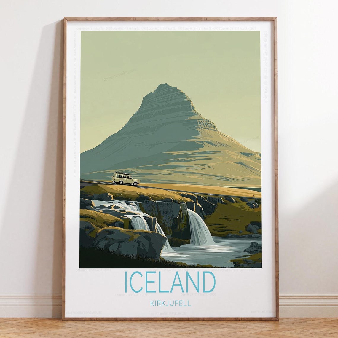 Iceland Kirkjufell Mountain Waterfalls Camper Van Travel Poster