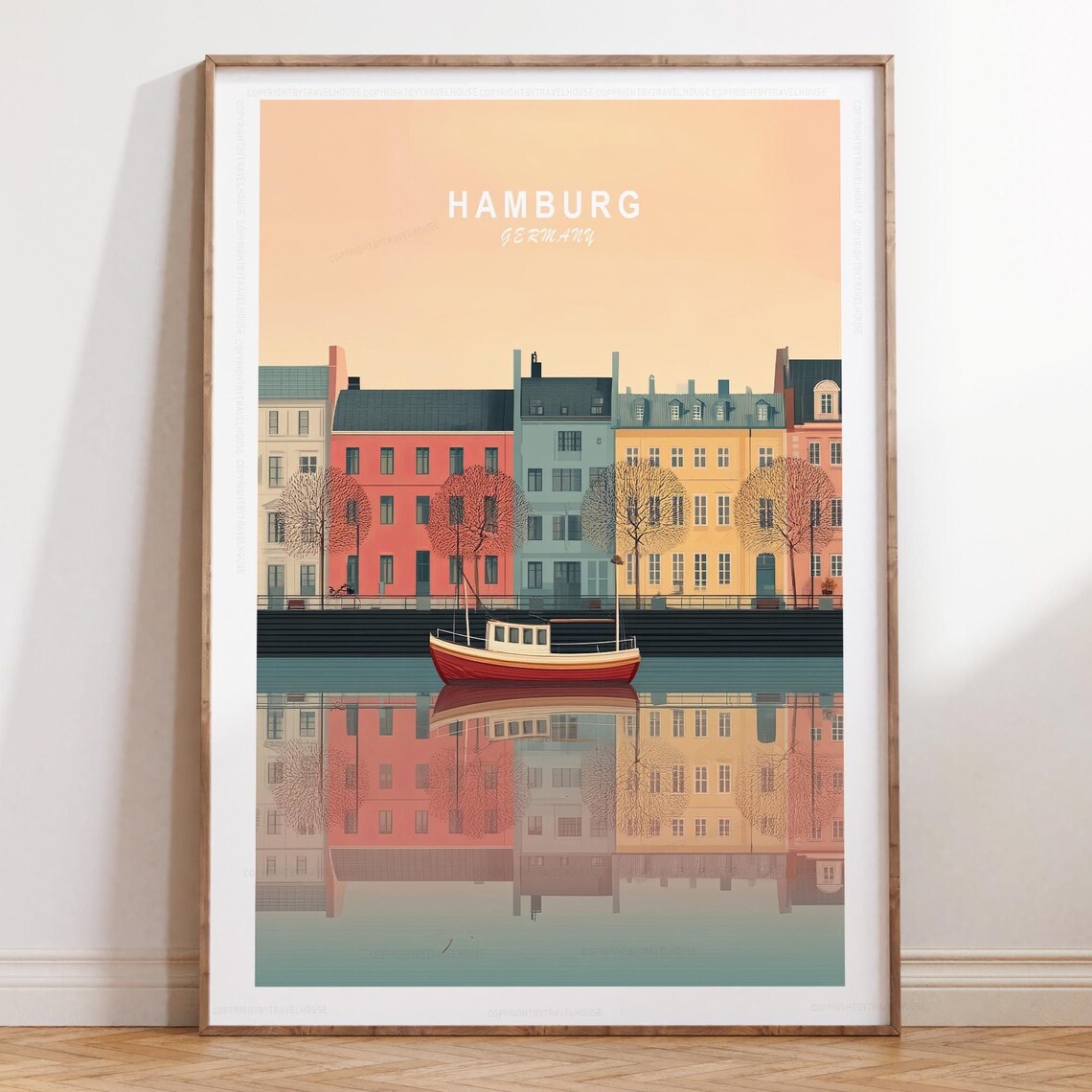 Hamburg Germany Harbor Houses Boat Reflection Vintage Travel Poster