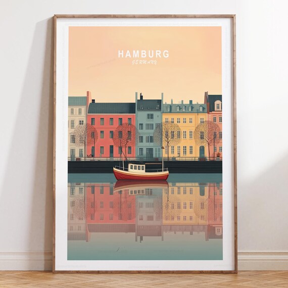 Hamburg Germany Harbor Houses Boat Reflection Vintage Travel Poster