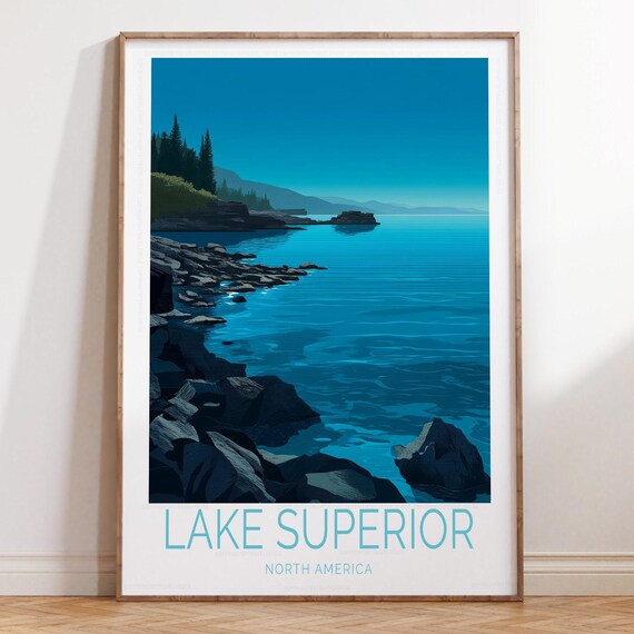 Lake Superior North America Blue Lake Rocks Vintage Travel Poster