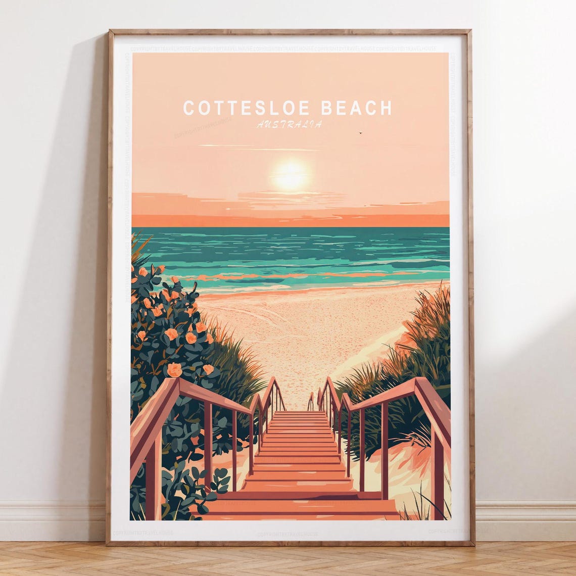 Cottesloe Beach Australia Sunset Stairway Ocean Waves Travel Poster